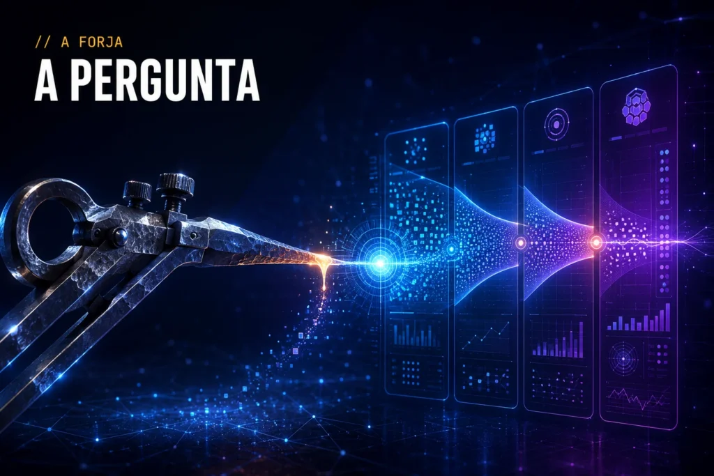 A engenharia da pergunta — capa da RRooster (A Forja): instrumento de diagnóstico de aço em forma de interrogação, núcleo ciano.