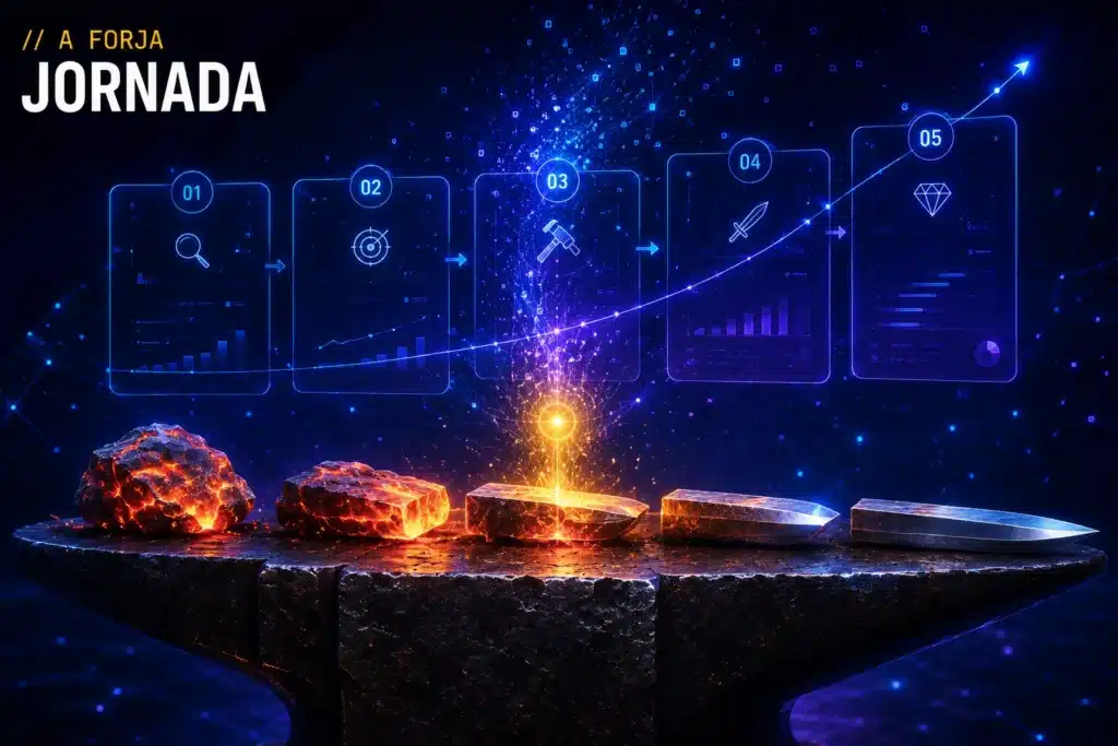Jornada do consumidor — capa da RRooster (A Forja): barra de aço forjada do minério à lâmina + mapa de jornada holográfico, núcleo dourado.