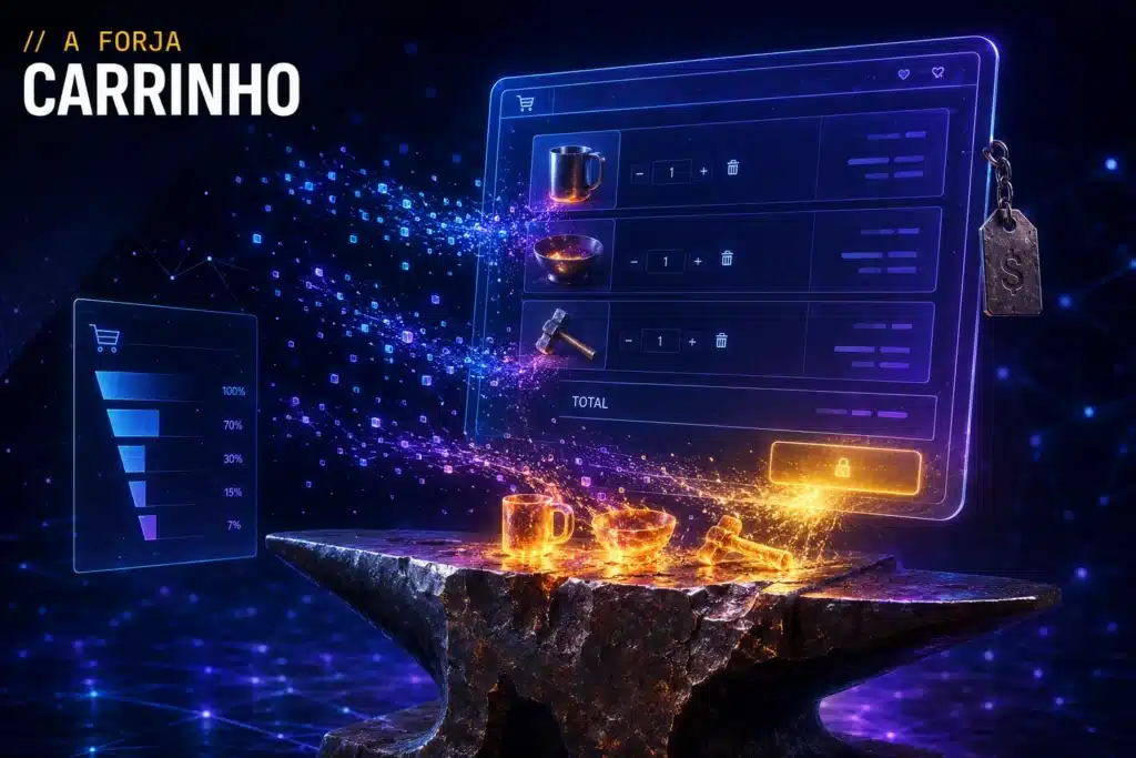Abandono de carrinho — capa da RRooster (A Forja): 70% dos itens como metal fundido virando dados sobre uma bigorna + checkout holográfico com funil, núcleo dourado.