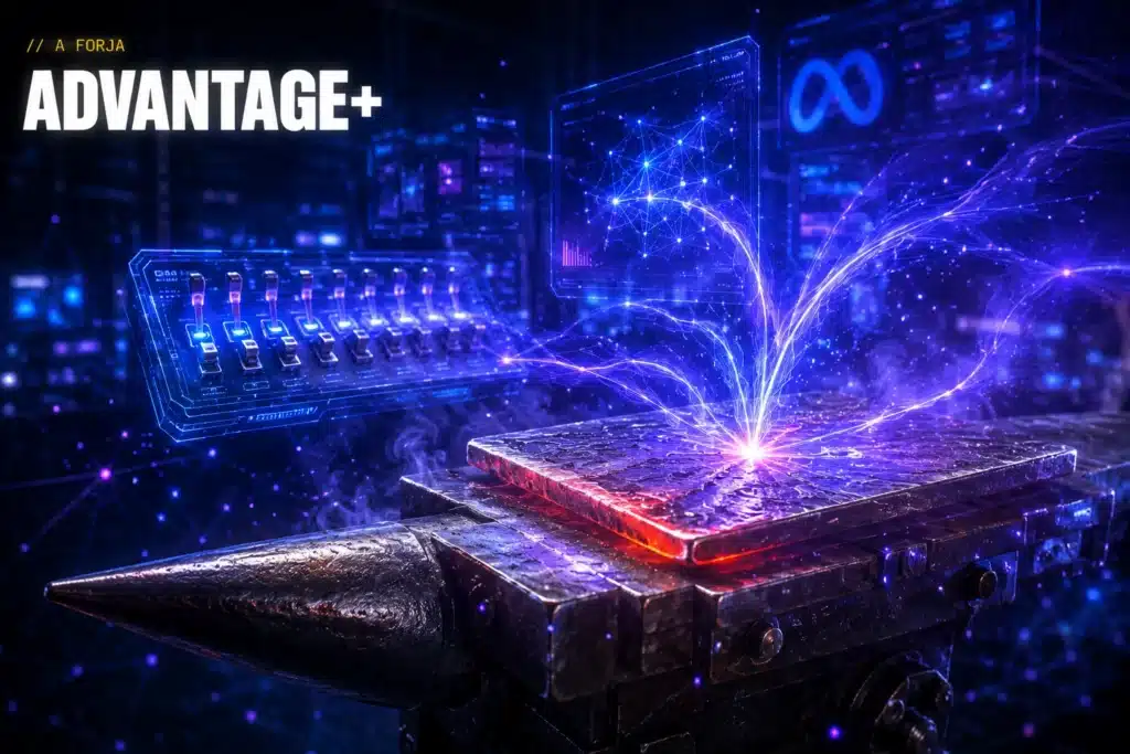Capa do manual: bigorna de aco forjado com placa incandescente, e um console holografico de alavancas do Advantage+ Creative ja ligadas sozinhas, sem nenhuma mao humana