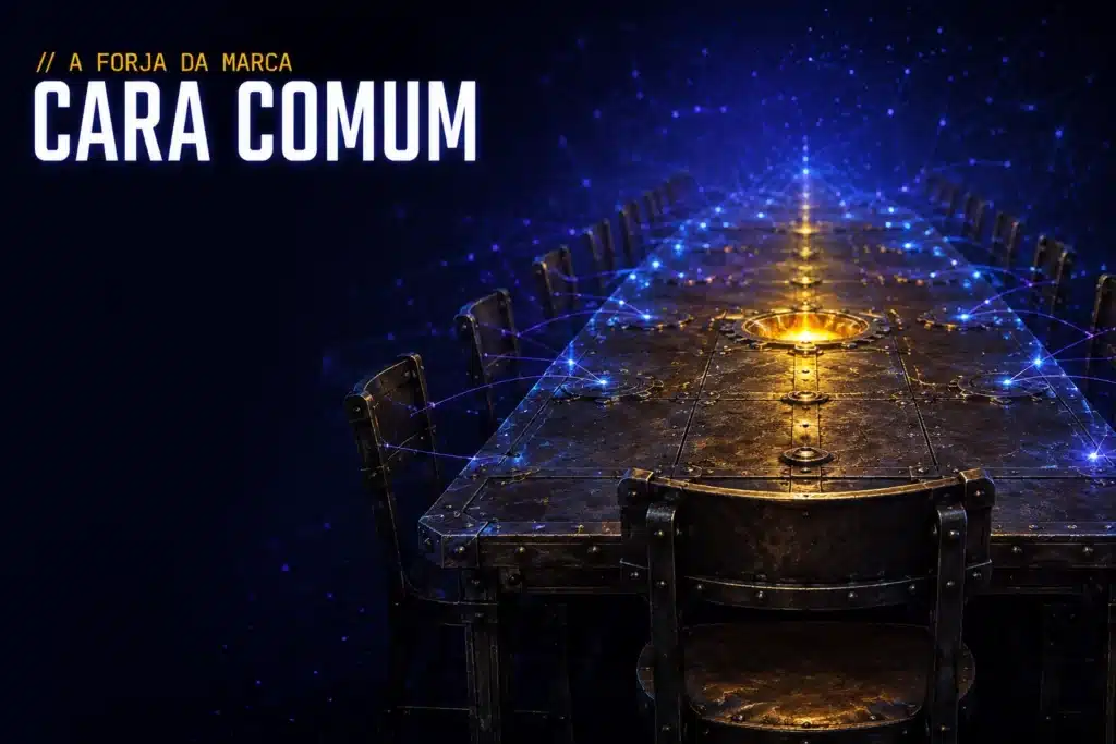 Arquétipo do Cara Comum: uma mesa comunitária de aço forjado, sem cabeceira nem pedestal, com um lugar vago posto e núcleo âmbar — a marca que senta no mesmo nível do cliente.