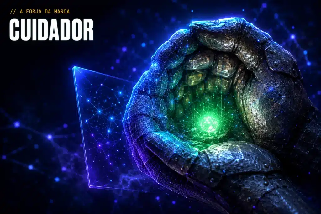 Capa do arquétipo do Cuidador — mãos de aço forjado abrigando uma luz verde, estilo Forja Digital da RRooster.