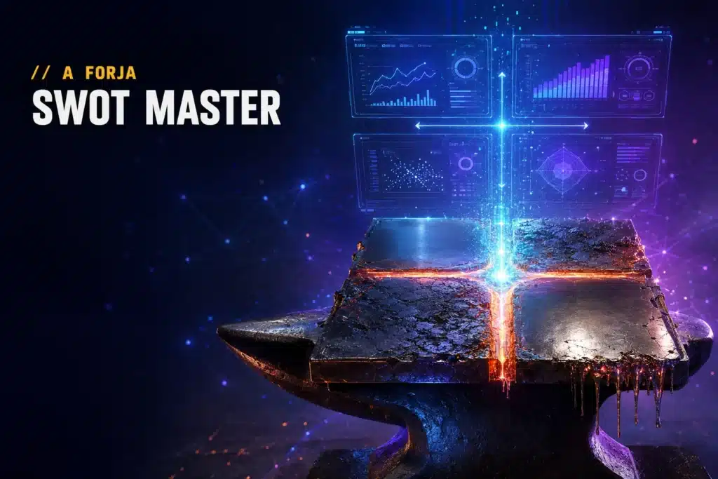 Análise SWOT que vira estratégia — capa da RRooster (A Forja): matriz 2x2 de aço com cruz de energia digital, núcleo ciano.