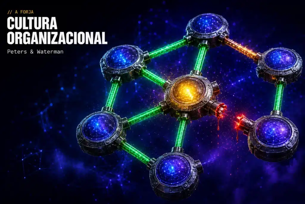 Rede de 7 nos de aco forjado (modelo McKinsey 7-S) com nucleo central dourado; hastes verdes alinhadas, uma ambar em tensao e uma vermelha rompida — o desalinhamento. Capa do artigo sobre o modelo 7-S de Peters e Waterman.