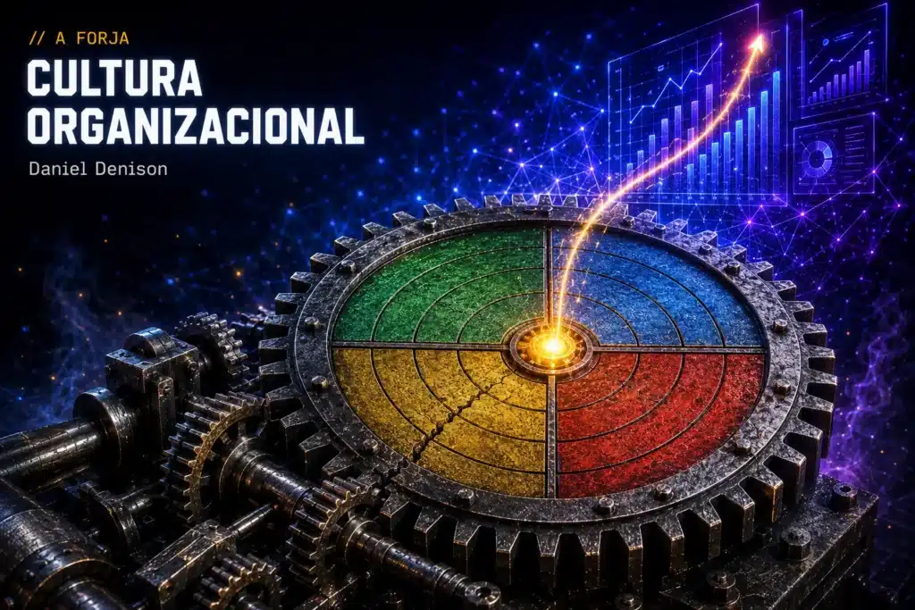 Roda de engrenagem de aco (modelo de Denison) com quatro quadrantes coloridos — Envolvimento, Adaptabilidade, Missao e Consistencia — acionando uma curva dourada de crescimento; capa do artigo sobre cultura organizacional de Daniel Denison.