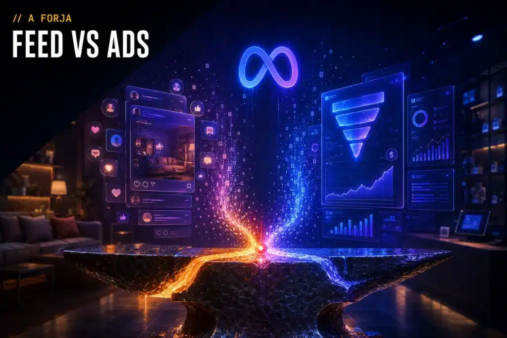 Feed vs. Ads — capa da RRooster (A Forja): dois ambientes forjados (sala de estar e balcão) + dashboards, núcleo vermelho.
