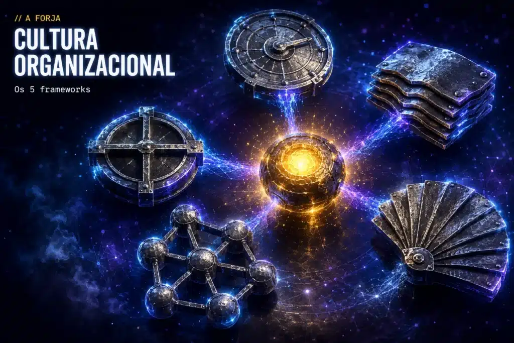 Nucleo dourado central (a cultura) cercado por cinco instrumentos de aco forjado distintos ligados a ele por feixes azul-roxo — os cinco frameworks de cultura organizacional (Handy, Schein, OCAI, Denison, McKinsey 7-S).