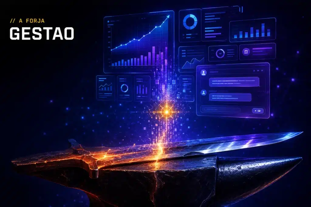 IA não corrige gestão ruim — capa da RRooster (A Forja): a IA amplifica a qualidade do insumo da gestão + dashboard holográfico, núcleo dourado.