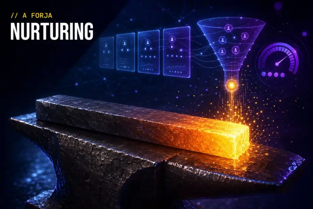 Lead nurturing — capa da RRooster (A Forja): metal em maturação na forja virando dados (sistema de maturação da decisão), núcleo dourado.
