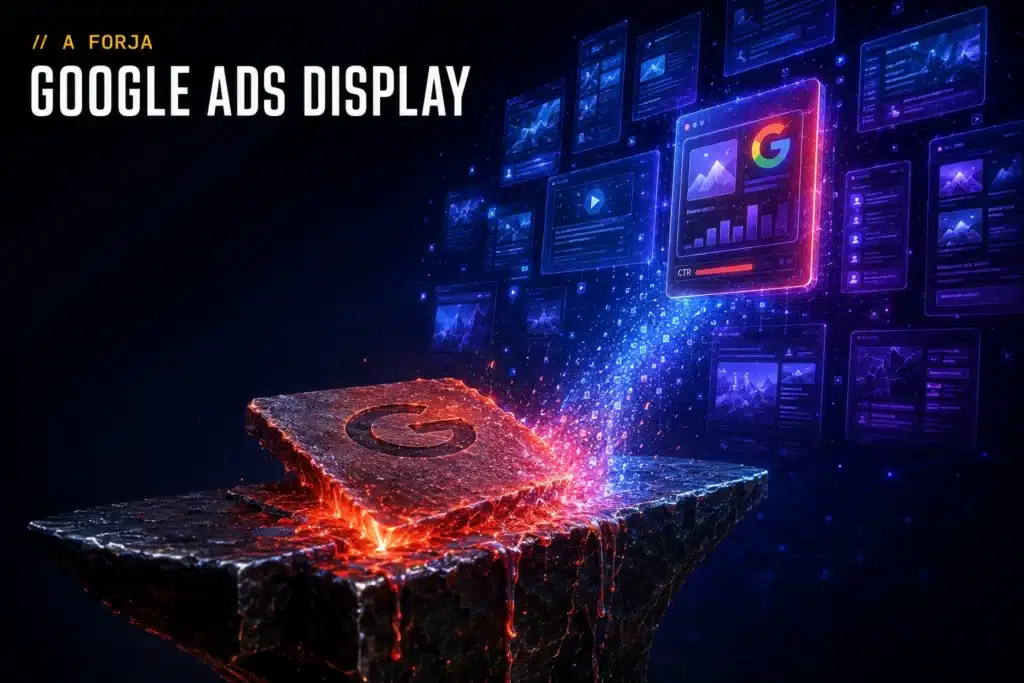 Manual de criativos para Google Ads Display — capa da RRooster (A Forja): banner de aço intruso no conteúdo + logo do Google, núcleo vermelho.