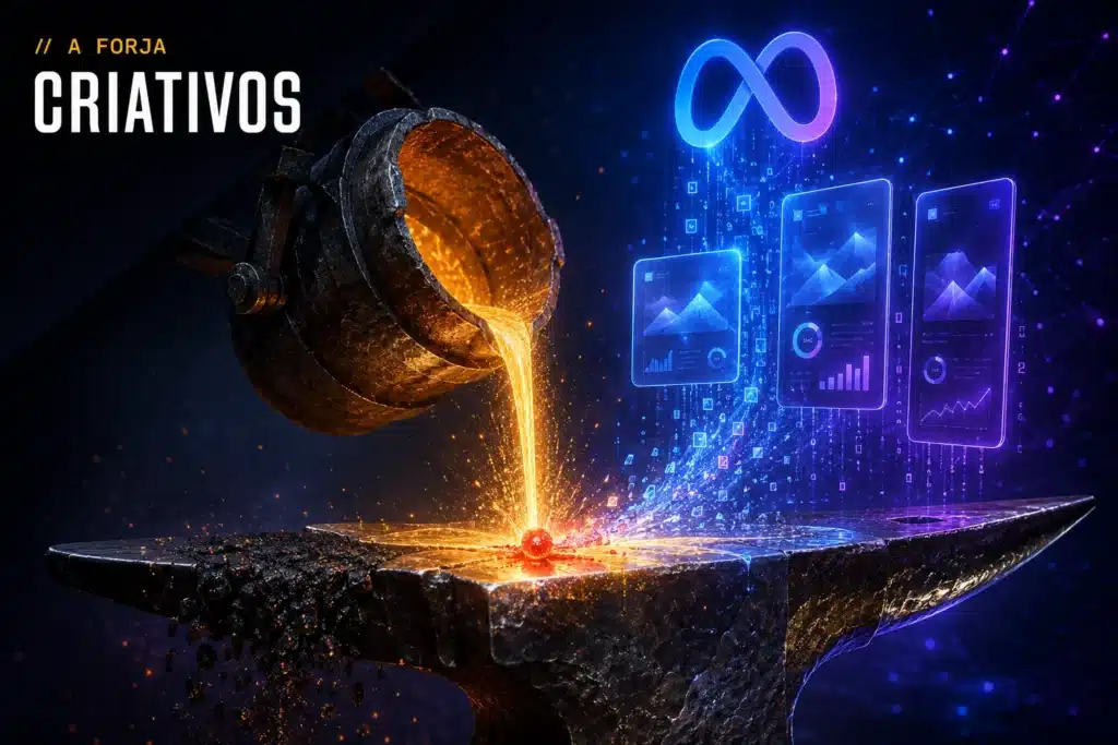 Manual de criativos para Meta Ads — capa da RRooster (A Forja): criativos de metal peneirados pela máquina + logo da Meta, núcleo vermelho.