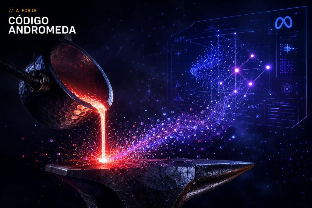 Meta Andromeda — capa da RRooster (A Forja): peneira/retrieval que vetoriza milhões de anúncios + logo da Meta, núcleo vermelho.
