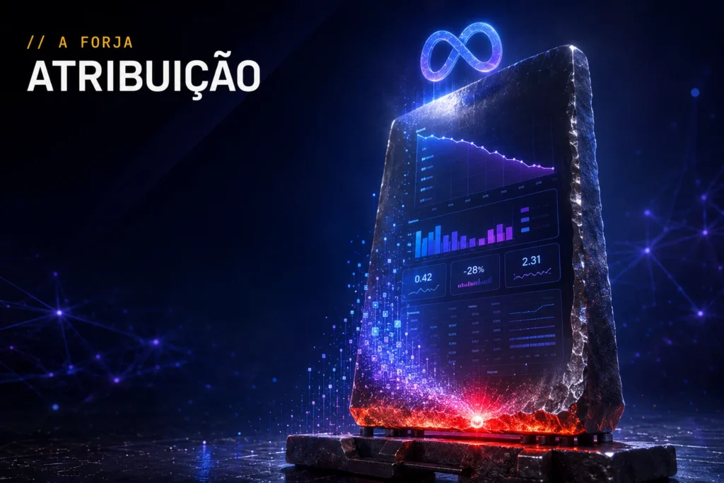 O espelho da atribuição da Meta — capa da RRooster (A Forja): espelho de aço refletindo os números reais + data-viz, núcleo vermelho.