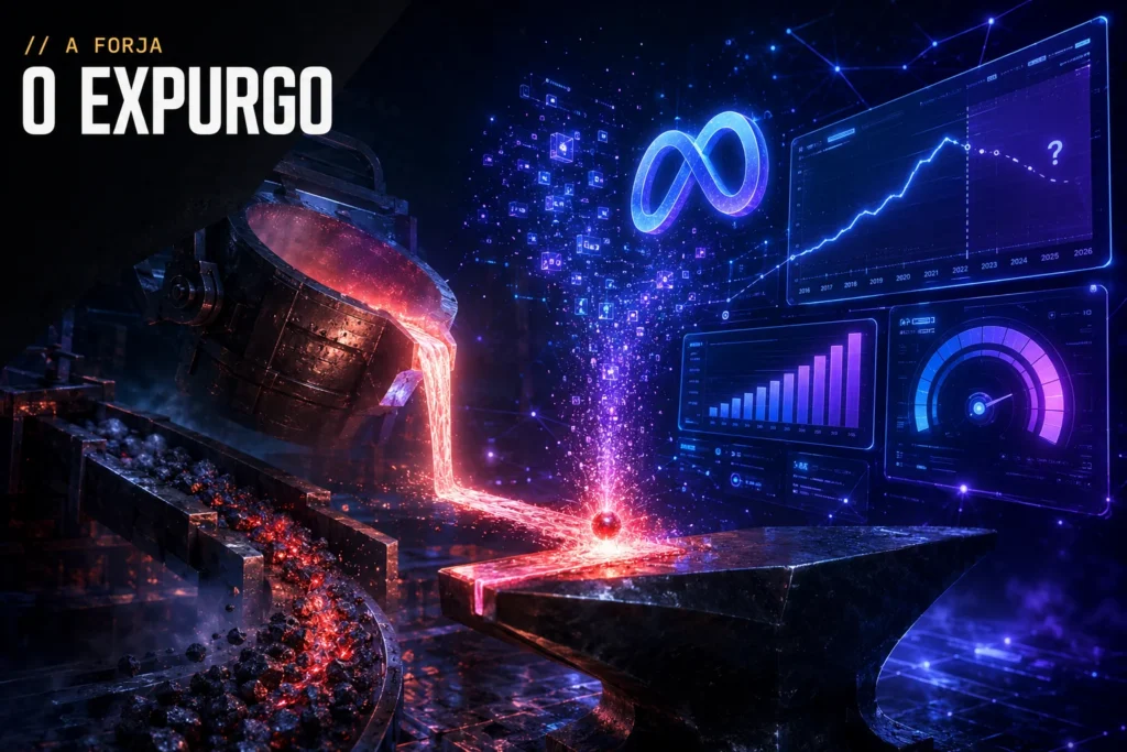 O Expurgo de 2026 no leilão da Meta — capa da RRooster (A Forja): a matemática da escassez (lobos e ovelha) + dashboards da plataforma, núcleo vermelho.