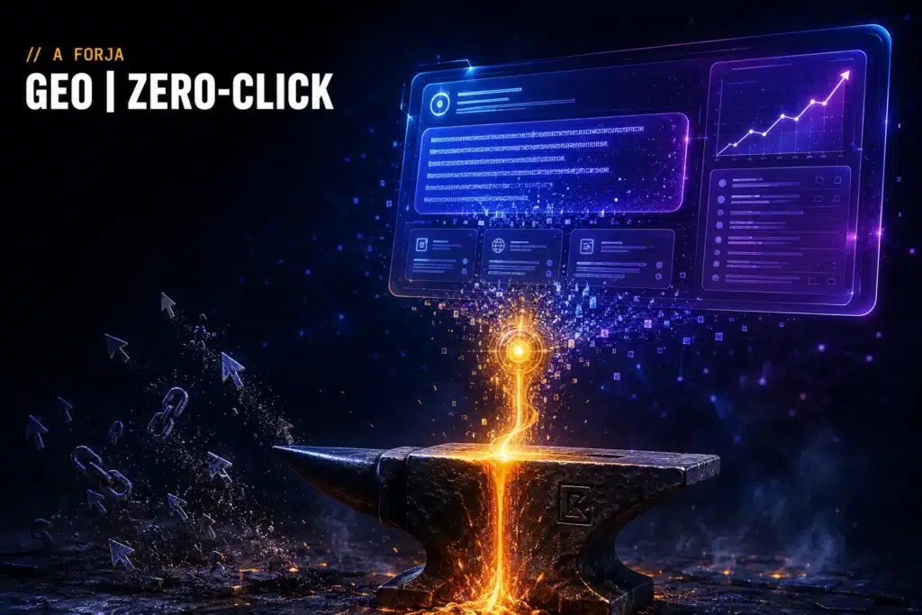 Mercado zero-click e GEO — capa da RRooster (A Forja): a forja como motor de respostas que sintetiza a busca em dados, núcleo dourado.