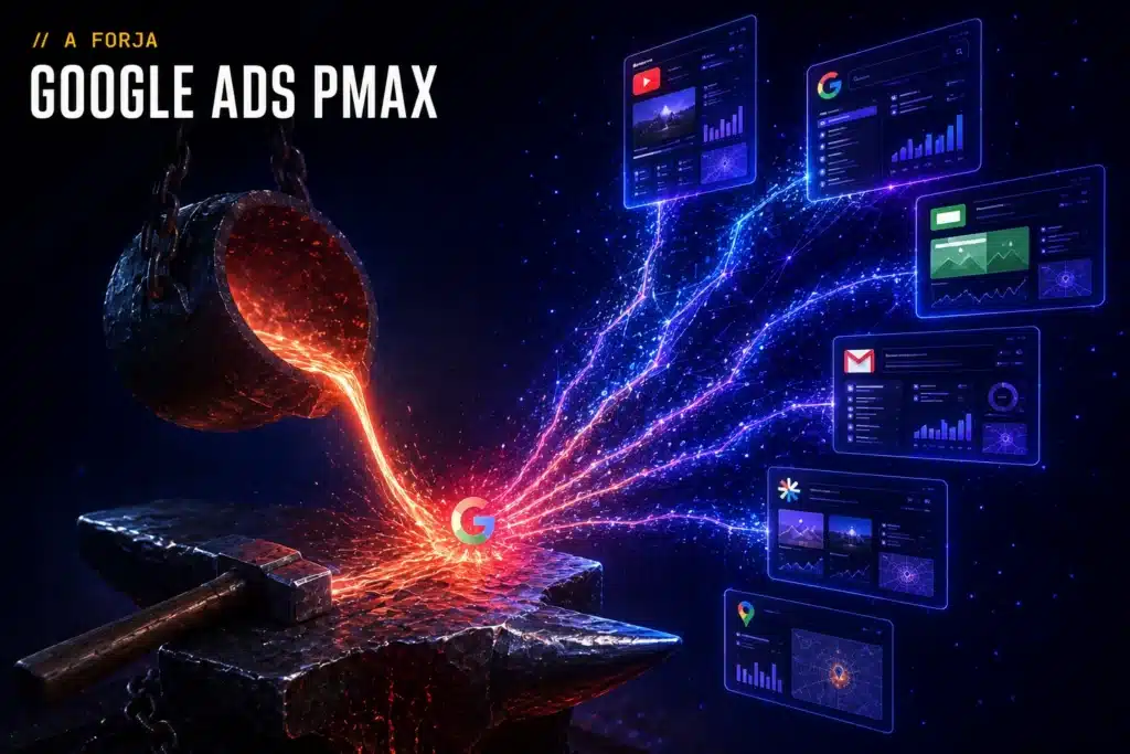 Paradoxo da Performance Max — capa da RRooster (A Forja): fole de forja que amplifica a entrada + dashboard PMax, núcleo vermelho.