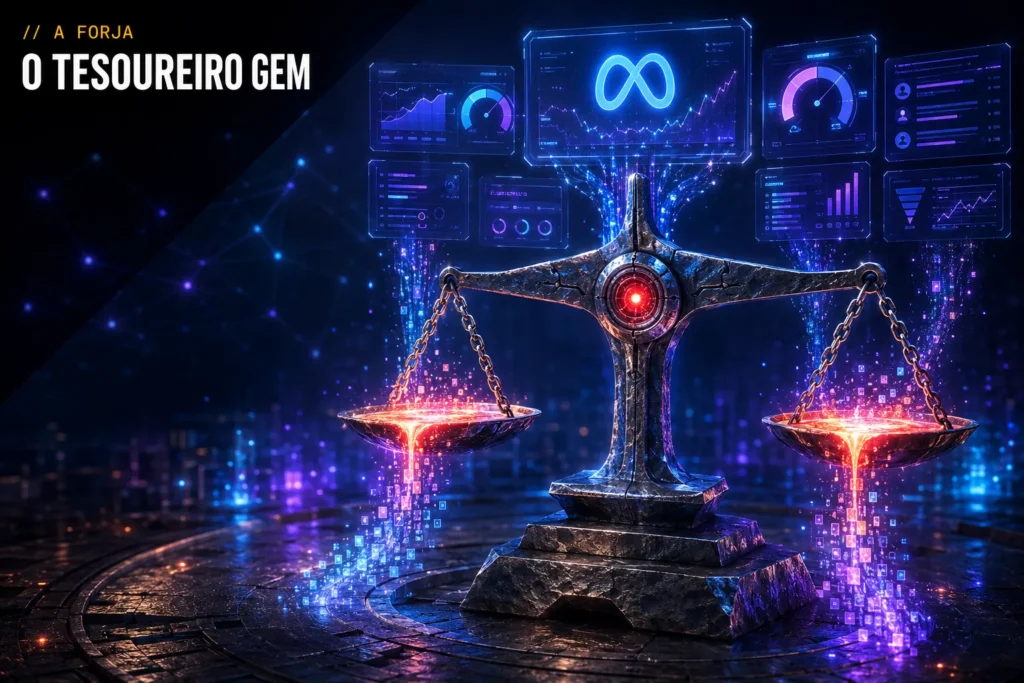 O tesoureiro do leilão da Meta (GEM) — capa da RRooster (A Forja): mecanismo de rendimento que pesa receita e valor futuro, núcleo vermelho.