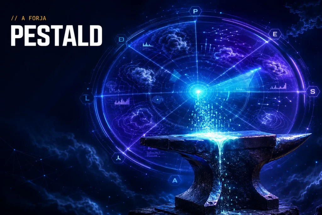Análise PESTALD — capa da RRooster (A Forja): instrumento/radar de aço lendo as sete forças do macroambiente, núcleo ciano.