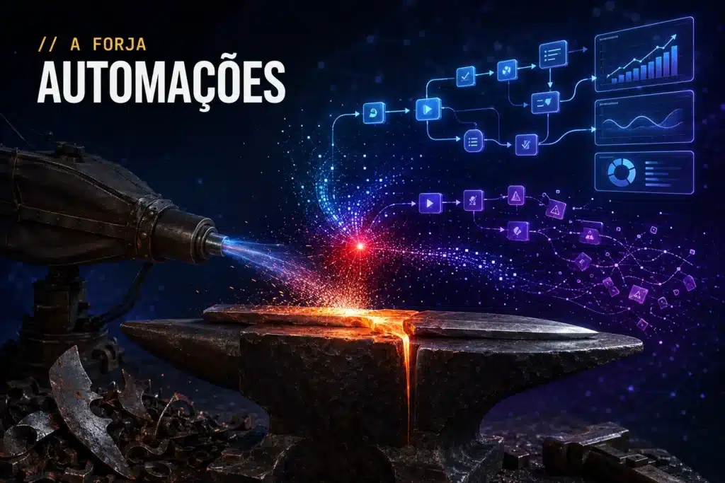Automação como sucata cara — capa da RRooster (A Forja): fole de forja amplificando um processo + dashboard, núcleo vermelho.