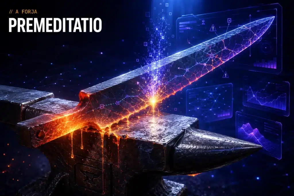 Premeditatio Malorum — capa da RRooster (A Forja): bigorna com fratura simulada em energia digital (estoicismo aplicado), núcleo dourado.