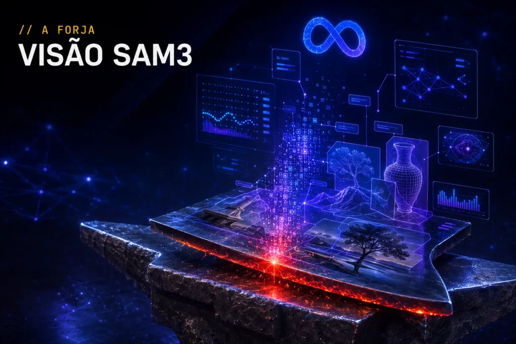 SAM3, o sommelier de pixels da Meta — capa da RRooster (A Forja): visão de máquina que enxerga dentro do criativo + logo da Meta, núcleo vermelho.