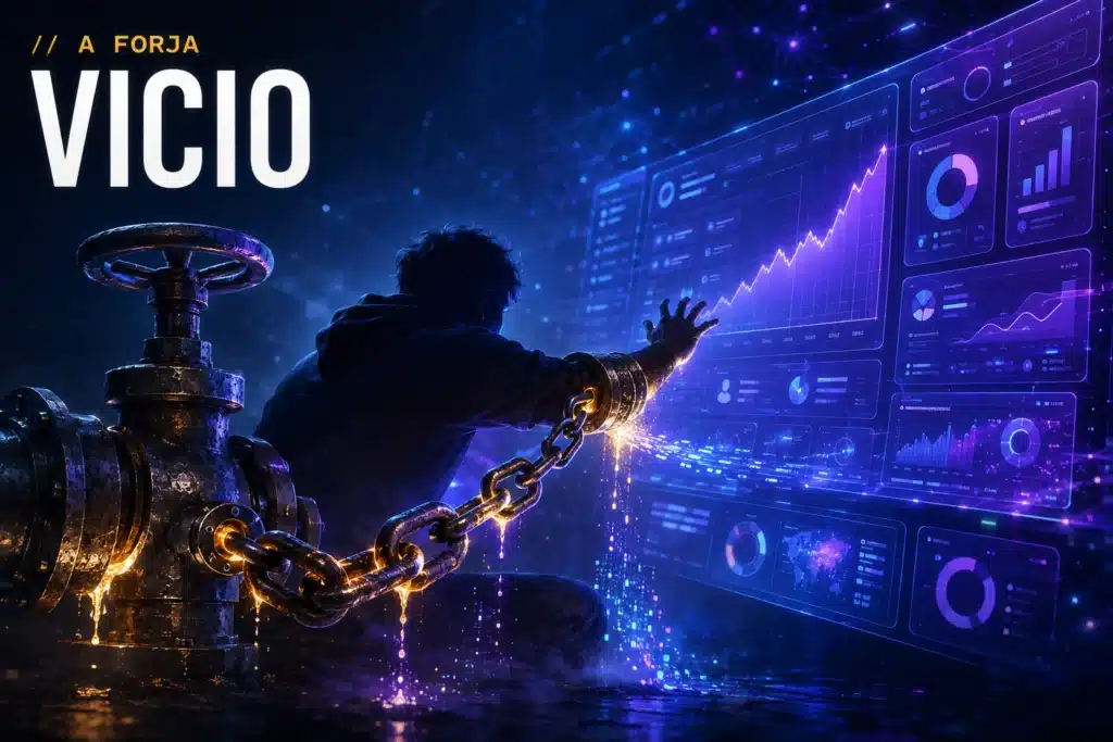 Tráfego pago como vício — capa da RRooster (A Forja): empreendedor acorrentado por correntes de aço a um dashboard de tráfego, núcleo dourado.