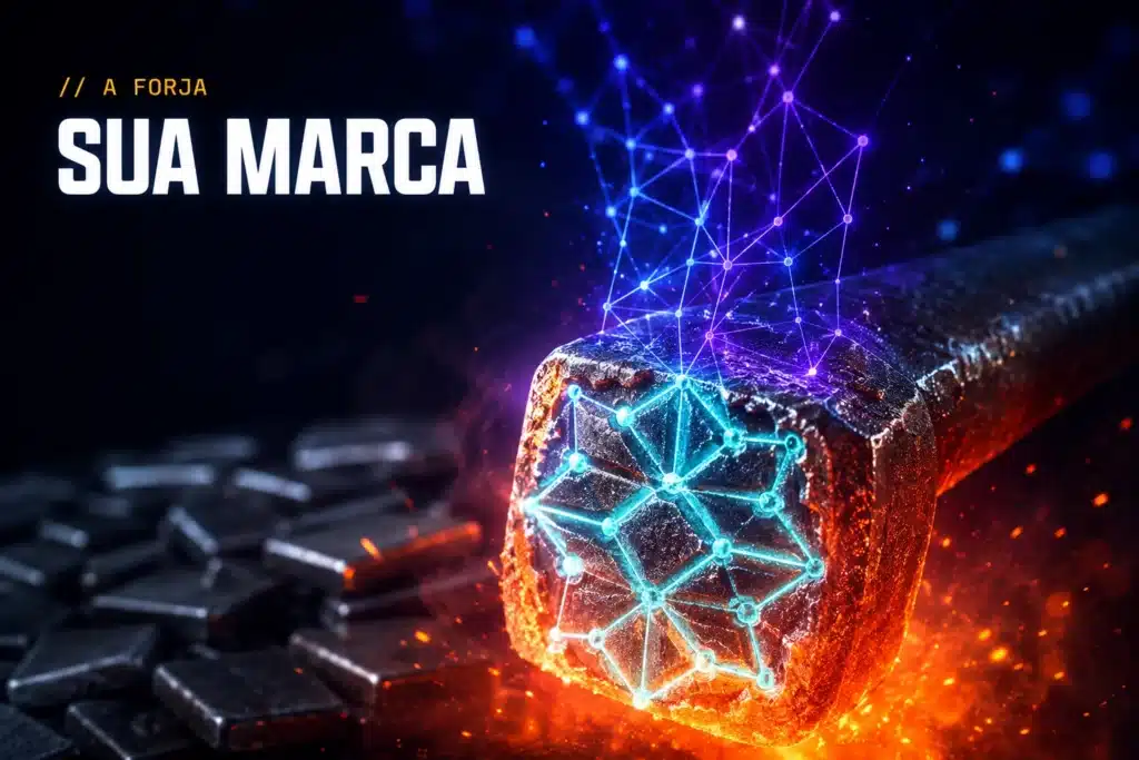 Ferro de marcar de forja incandescente em macro, a face gravada com um padrao geometrico de rede neural brilhando em ciano, e ao lado uma pilha desfocada de pecas de aco identicas e sem marca nenhuma.