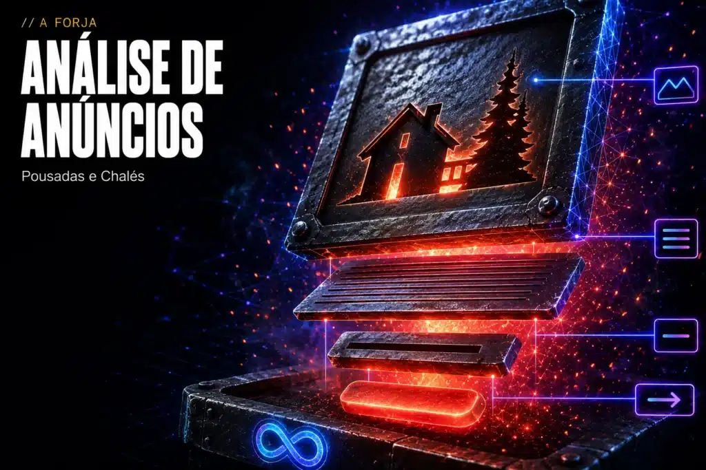 Capa da série Análise de Anúncios. Um anúncio de rede social desmontado em vista explodida, como peças de aço forjado incandescente: a placa da arte com a silhueta vazada de um chalé e pinheiros, a lâmina da copy com sulcos que sugerem linhas de texto, a barra do título e o botão em brasa. Linhas de chamada luminosas ligam cada peça a um ícone — imagem, texto, título e botão. Na base, o símbolo de infinito da plataforma em neon azul.