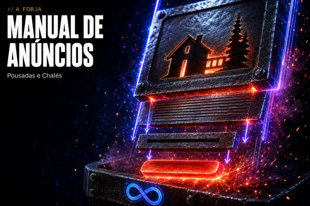 Capa da série Manual de Anúncios. As mesmas peças de aço forjado de um anúncio, agora descendo por trilhos e encaixando umas nas outras: a placa da arte com a silhueta vazada de um chalé e pinheiros, a lâmina da copy, a barra do título e o botão travando no lugar, com solda viva nas juntas. Setas luminosas indicam a ordem de montagem. Na base, o símbolo de infinito da plataforma em neon azul.