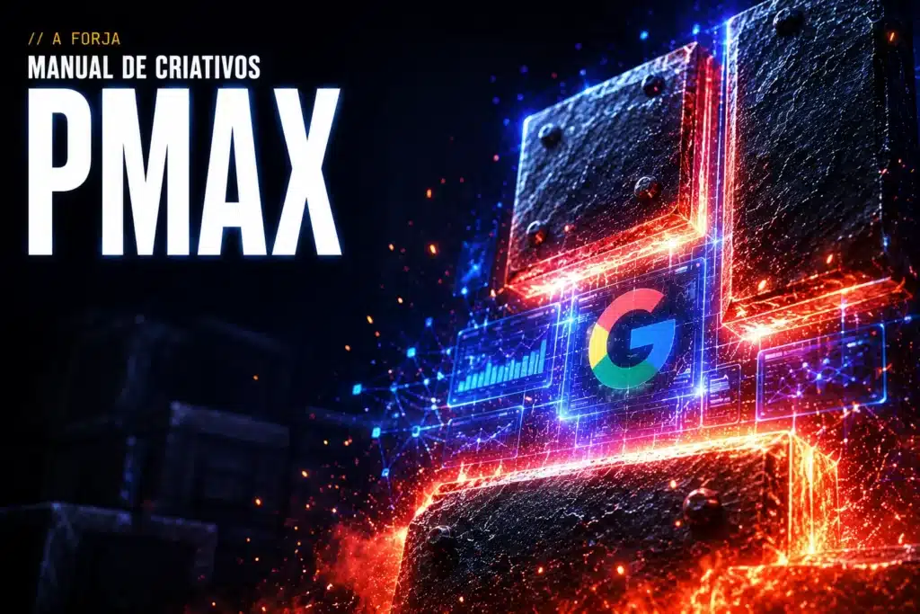 Placas de aço forjado incandescentes sendo encaixadas em painéis holográficos com o logo do Google — capa do Manual de Criativos da Performance Max